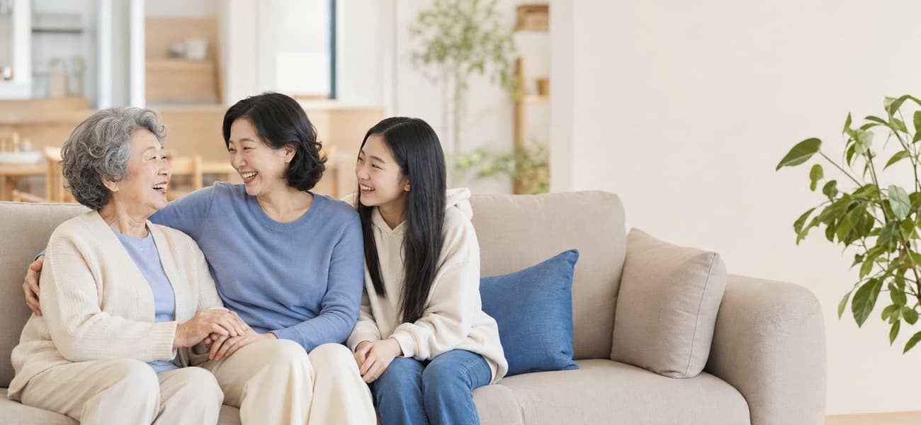 3세대 가족이 거실 소파에 함께 앉아 있는 모습